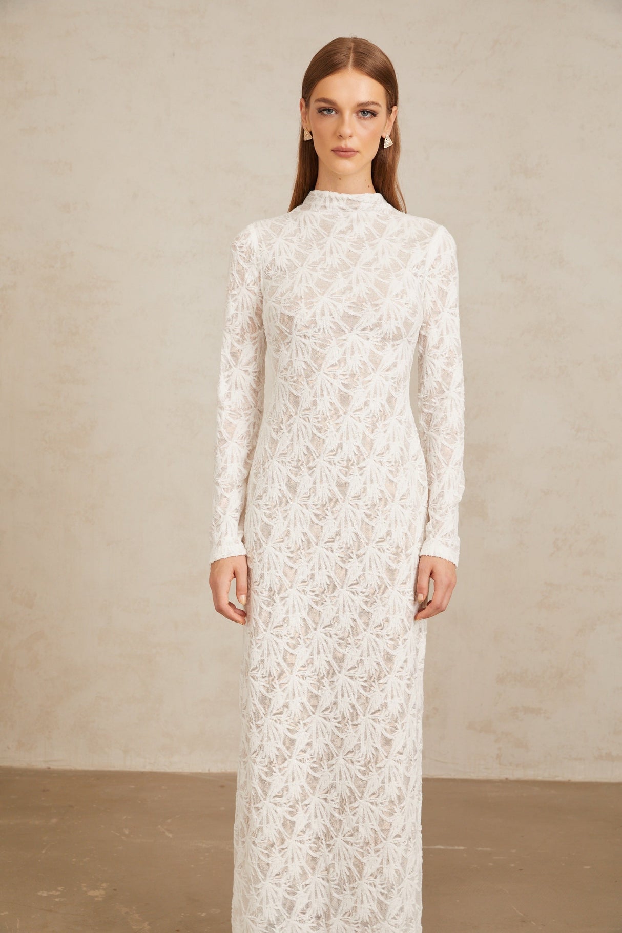 Aurohaya Xavière White Floral Crochet Knit Maxi Dress