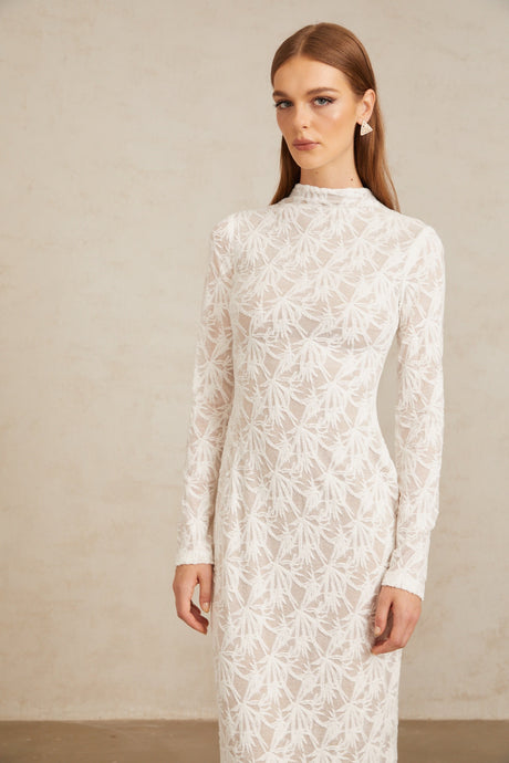 Aurohaya Xavière White Floral Crochet Knit Maxi Dress