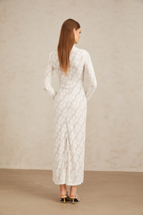 Aurohaya Xavière White Floral Crochet Knit Maxi Dress
