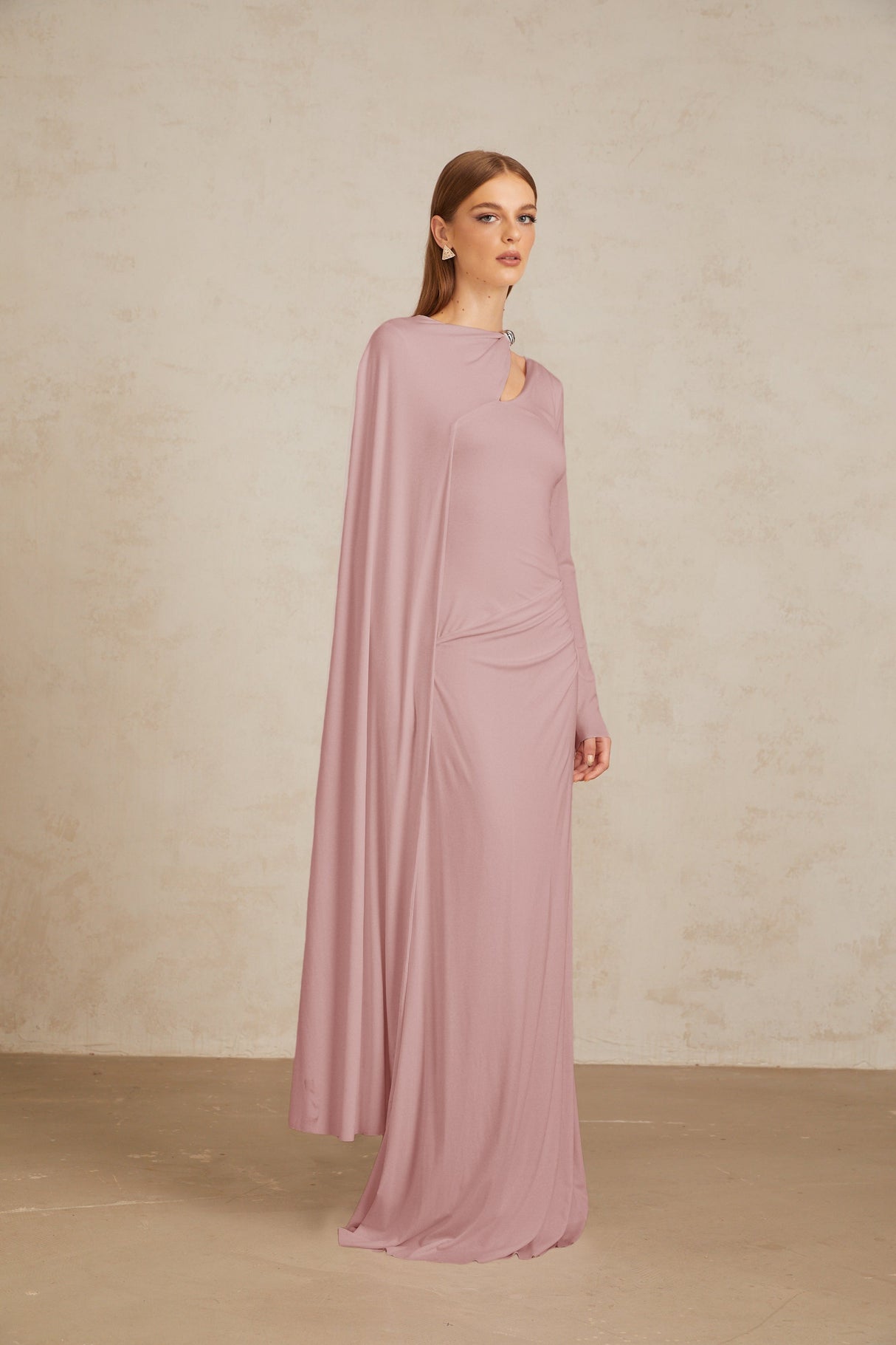 Aurohaya Josette Pink Diagonal Shawl Fitted Maxi Dress