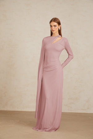 Aurohaya Josette Pink Diagonal Shawl Fitted Maxi Dress