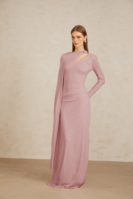 Aurohaya Josette Pink Diagonal Shawl Fitted Maxi Dress