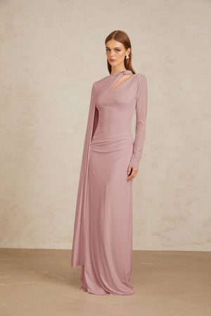 Aurohaya Josette Pink Diagonal Shawl Fitted Maxi Dress