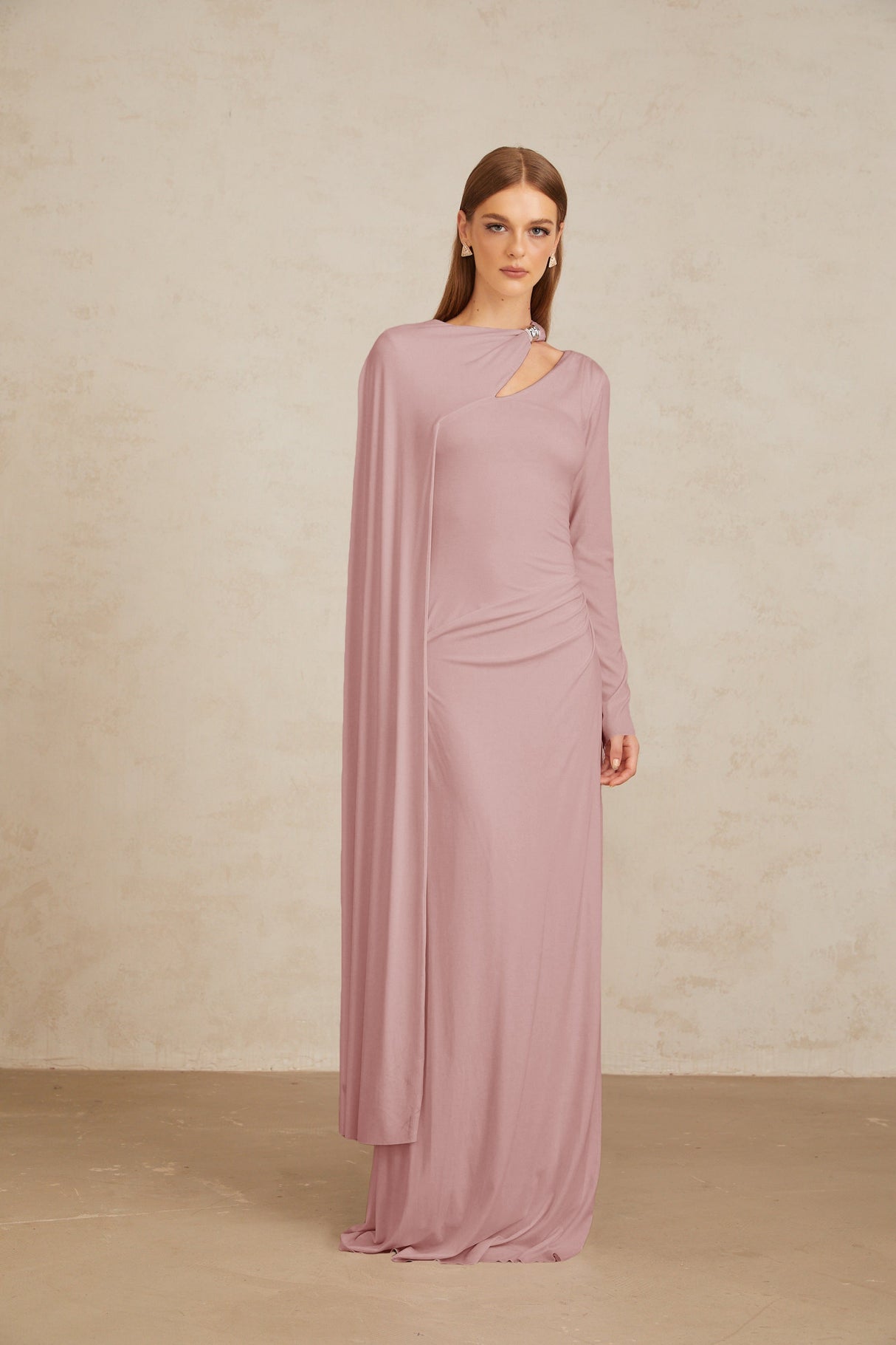 Aurohaya Josette Pink Diagonal Shawl Fitted Maxi Dress