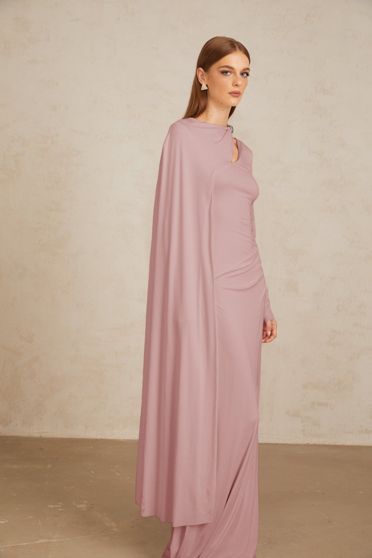 Aurohaya Josette Pink Diagonal Shawl Fitted Maxi Dress