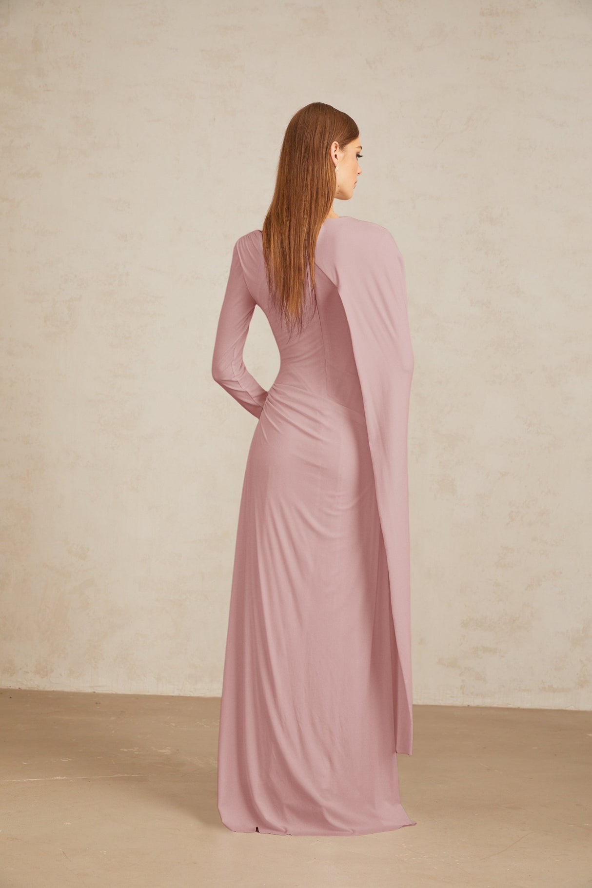 Aurohaya Josette Pink Diagonal Shawl Fitted Maxi Dress