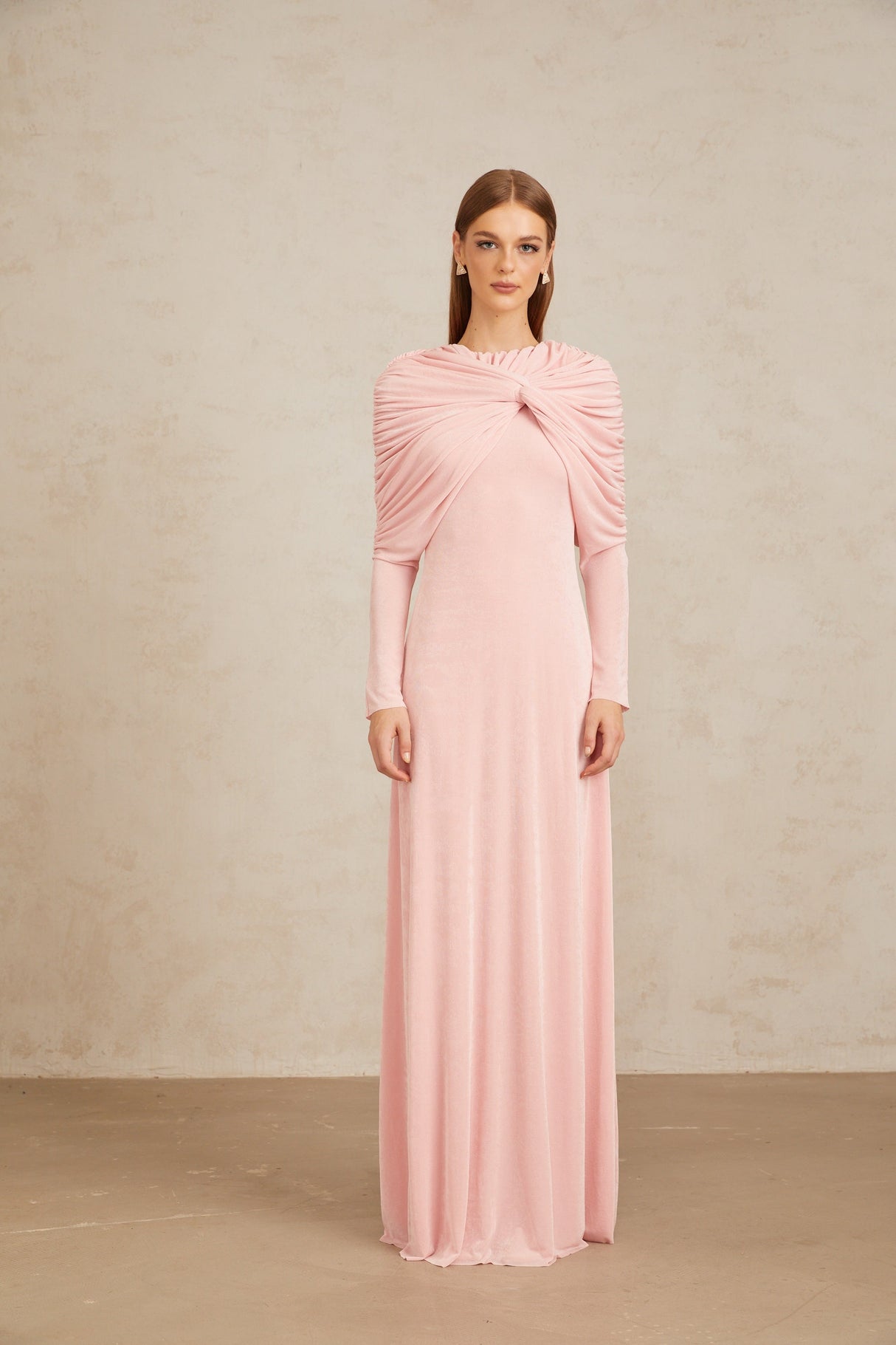 Aurohaya Moderne Pink Shawl Panel Ruched Maxi Dress