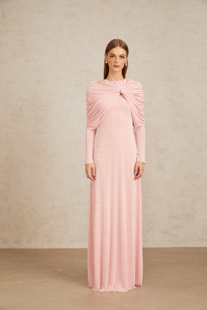 Aurohaya Moderne Pink Shawl Panel Ruched Maxi Dress
