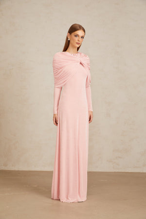 Aurohaya Moderne Pink Shawl Panel Ruched Maxi Dress