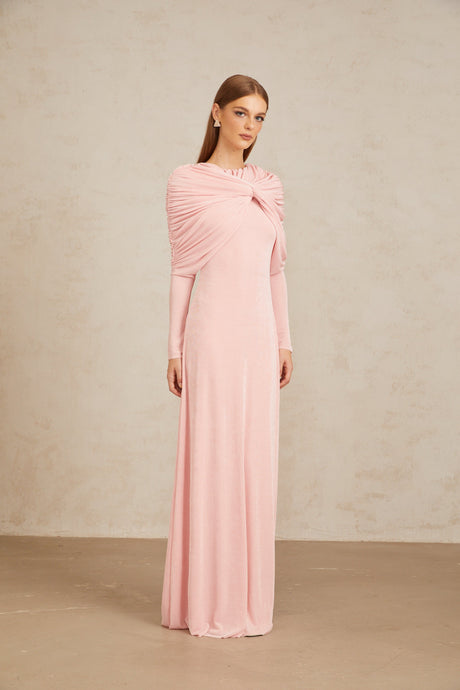 Aurohaya Moderne Pink Shawl Panel Ruched Maxi Dress