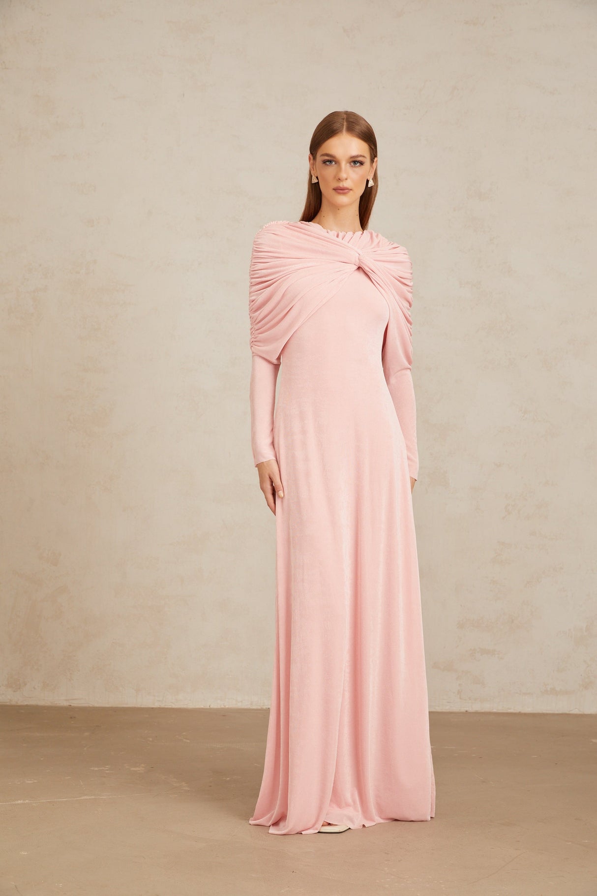 Aurohaya Moderne Pink Shawl Panel Ruched Maxi Dress