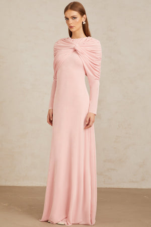 Aurohaya Moderne Pink Shawl Panel Ruched Maxi Dress