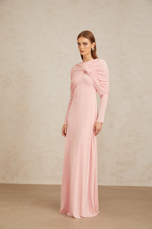 Aurohaya Moderne Pink Shawl Panel Ruched Maxi Dress