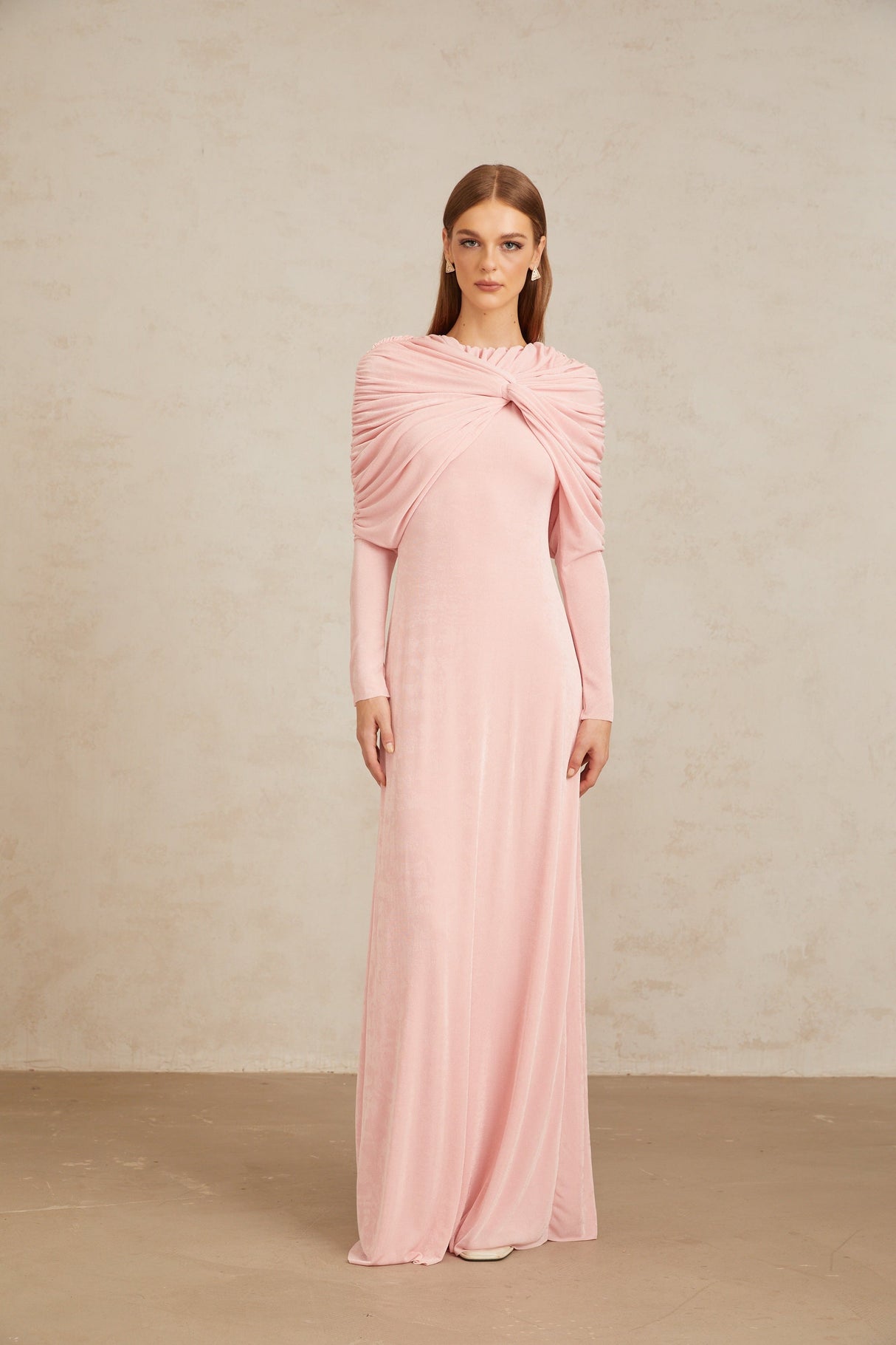 Aurohaya Moderne Pink Shawl Panel Ruched Maxi Dress