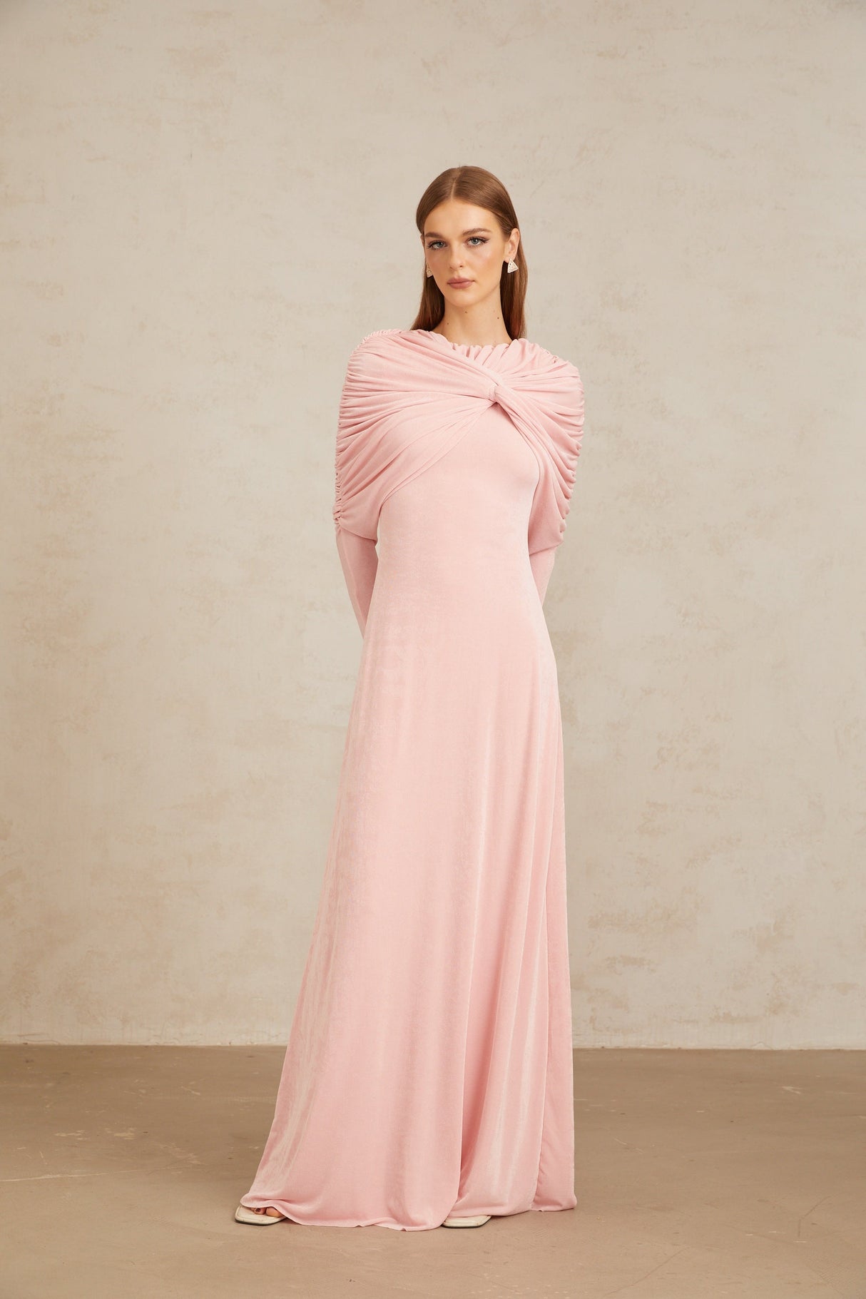Aurohaya Moderne Pink Shawl Panel Ruched Maxi Dress