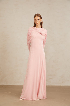 Aurohaya Moderne Pink Shawl Panel Ruched Maxi Dress