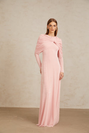 Aurohaya Moderne Pink Shawl Panel Ruched Maxi Dress