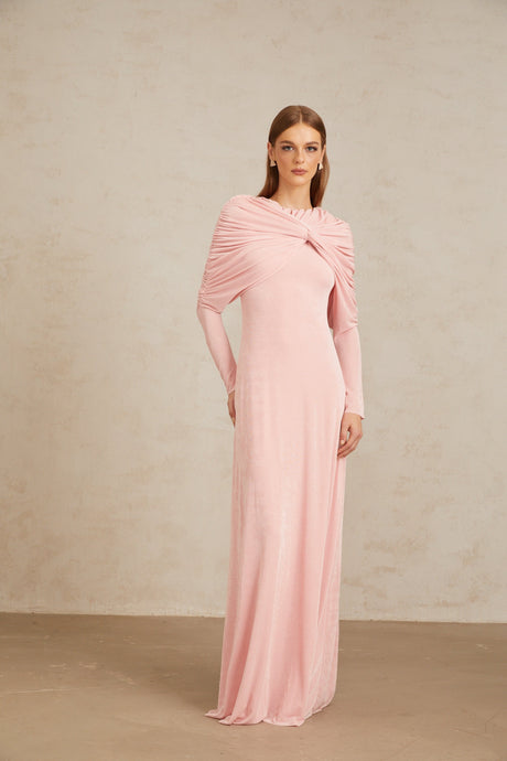 Aurohaya Moderne Pink Shawl Panel Ruched Maxi Dress