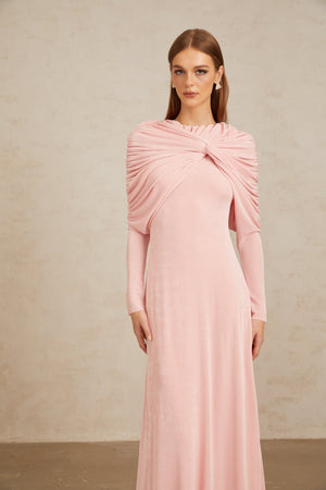 Aurohaya Moderne Pink Shawl Panel Ruched Maxi Dress