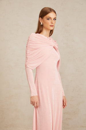 Aurohaya Moderne Pink Shawl Panel Ruched Maxi Dress