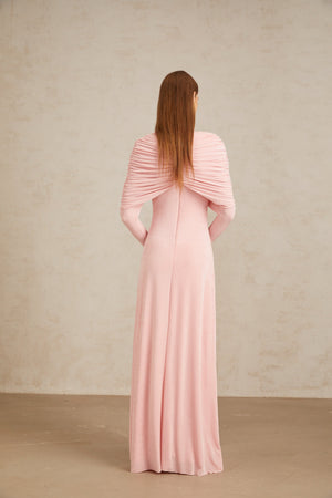 Aurohaya Moderne Pink Shawl Panel Ruched Maxi Dress