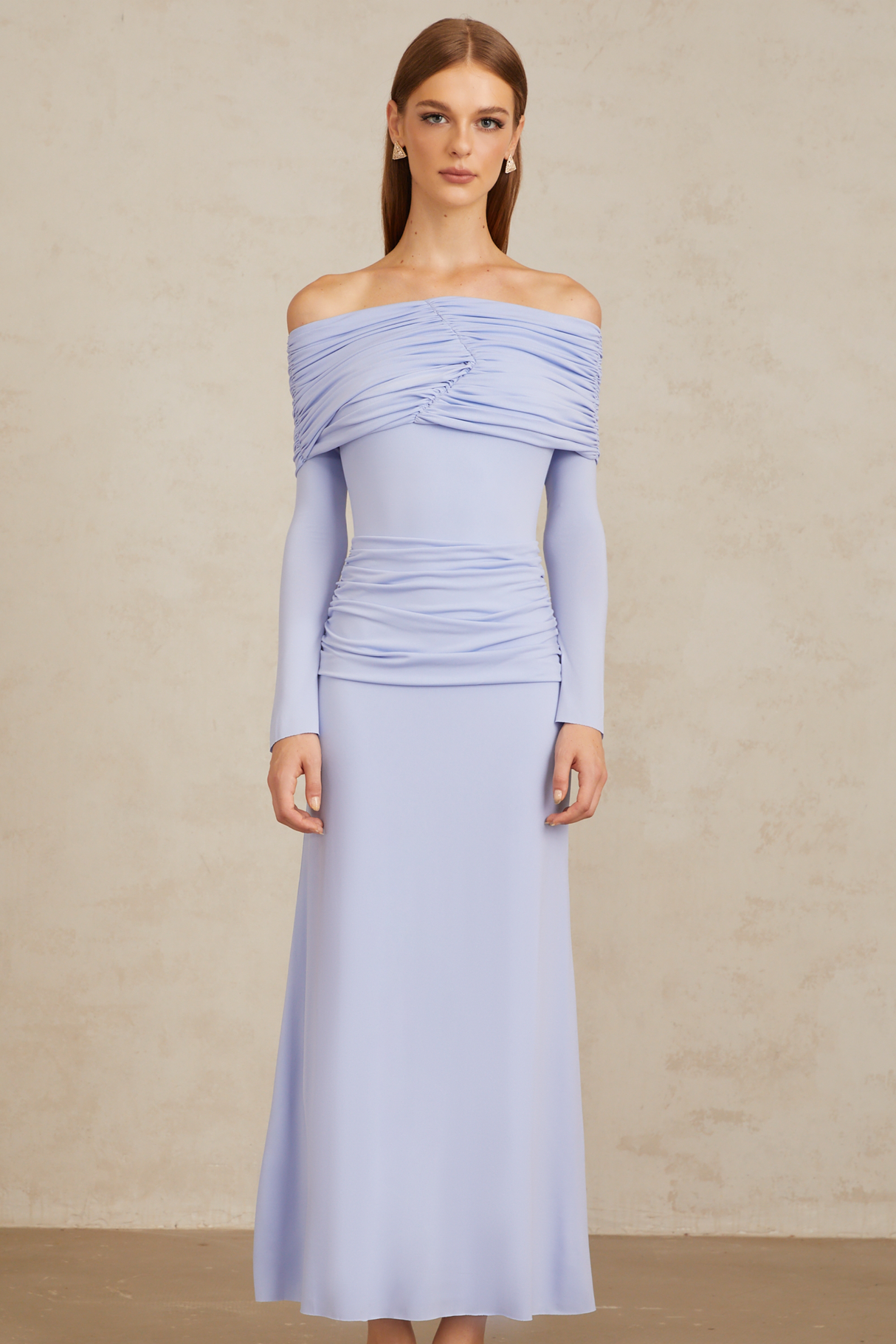 Aurohaya Katia Light Blue Off-Shoulder Ruched Maxi Dress
