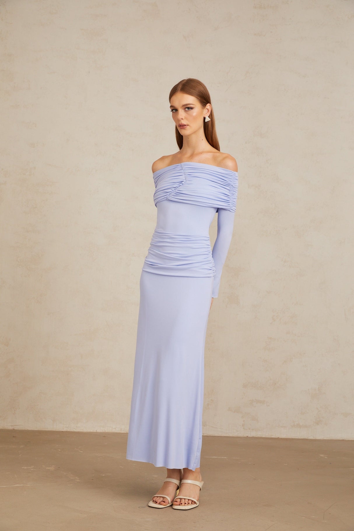 Aurohaya Katia Light Blue Off-Shoulder Ruched Maxi Dress