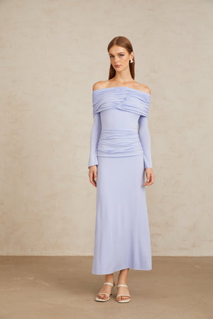 Aurohaya Katia Light Blue Off-Shoulder Ruched Maxi Dress