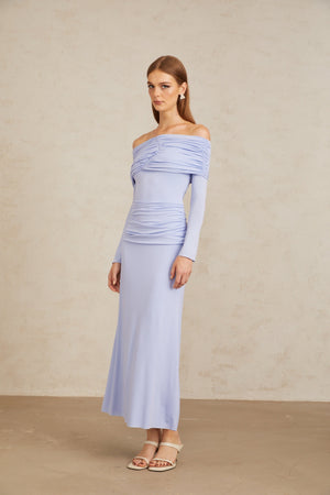 Aurohaya Katia Light Blue Off-Shoulder Ruched Maxi Dress