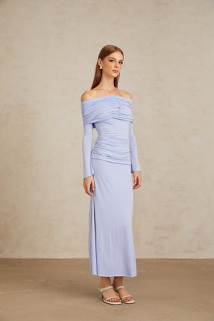 Aurohaya Katia Light Blue Off-Shoulder Ruched Maxi Dress