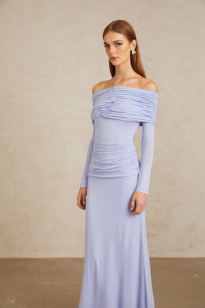 Aurohaya Katia Light Blue Off-Shoulder Ruched Maxi Dress