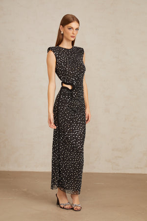 Aurohaya Félicie Black Embellished Mesh Maxi Gown