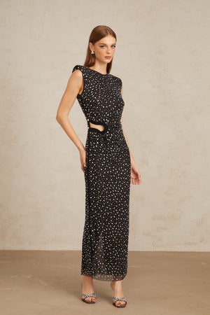 Aurohaya Félicie Black Embellished Mesh Maxi Gown