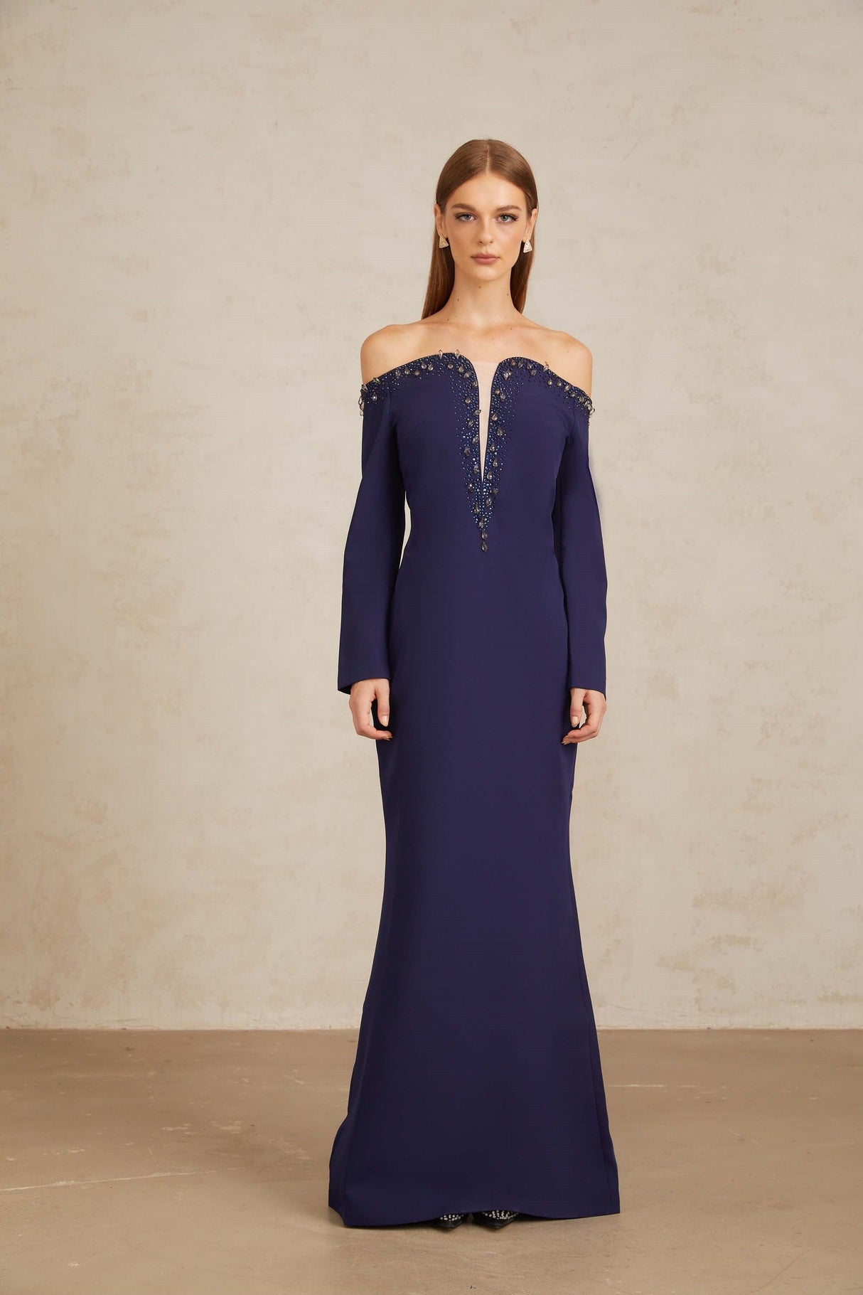 Aurohaya Joyanna Blue Off-Shoulder Embellished Gown