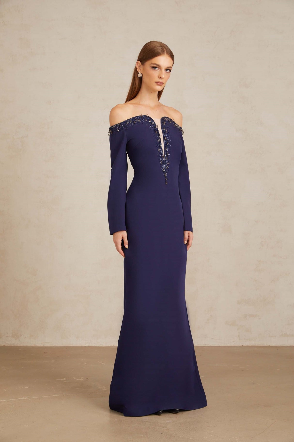 Aurohaya Joyanna Blue Off-Shoulder Embellished Gown