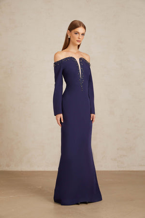 Aurohaya Joyanna Blue Off-Shoulder Embellished Gown