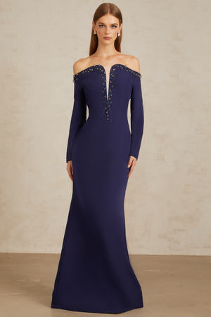 Aurohaya Joyanna Blue Off-Shoulder Embellished Gown