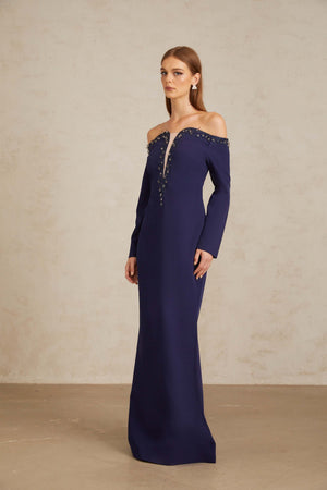 Aurohaya Joyanna Blue Off-Shoulder Embellished Gown