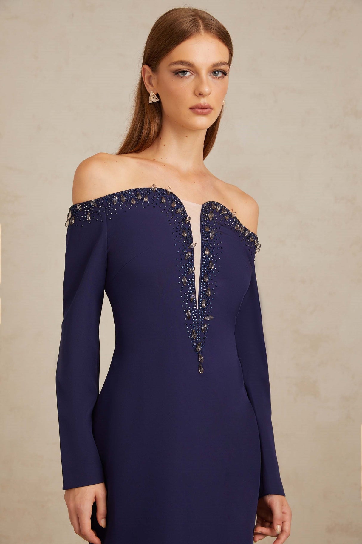 Aurohaya Joyanna Blue Off-Shoulder Embellished Gown