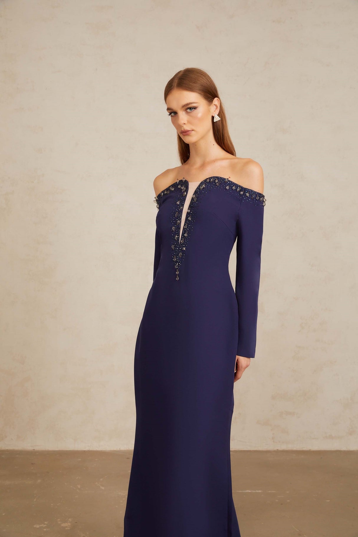 Aurohaya Joyanna Blue Off-Shoulder Embellished Gown