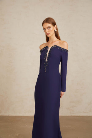 Aurohaya Joyanna Blue Off-Shoulder Embellished Gown