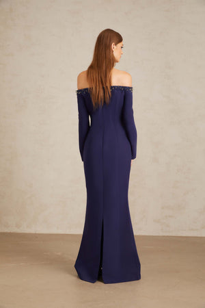 Aurohaya Joyanna Blue Off-Shoulder Embellished Gown