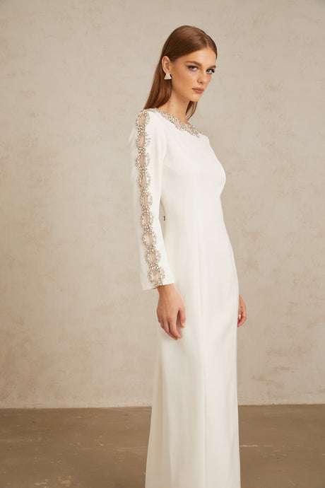 Aurohaya Freja White Crystal Embellished Maxi Gown