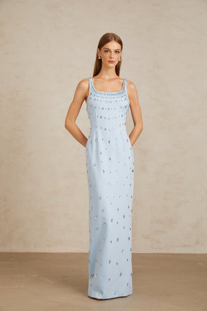 Aurohaya Meris Blue Crystal Embellished Maxi Gown