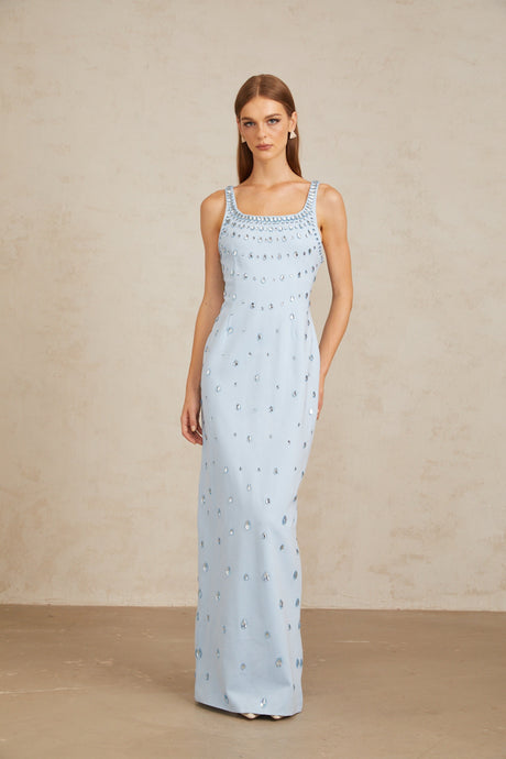 Aurohaya Meris Blue Crystal Embellished Maxi Gown