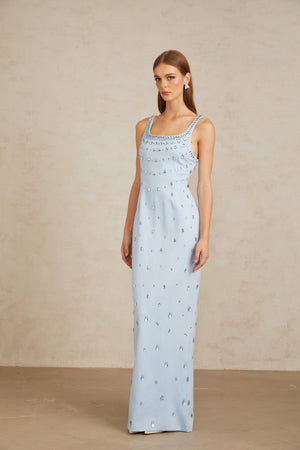 Aurohaya Meris Blue Crystal Embellished Maxi Gown