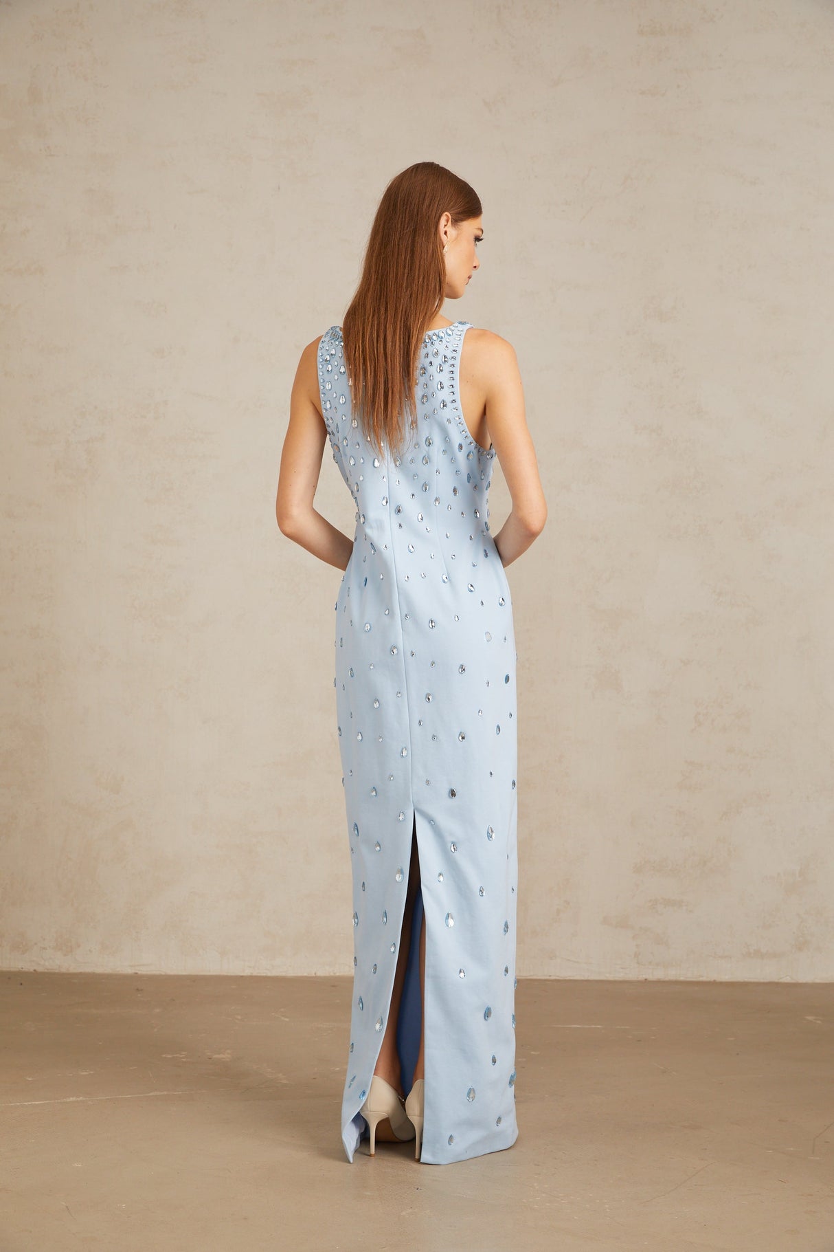 Aurohaya Meris Blue Crystal Embellished Maxi Gown