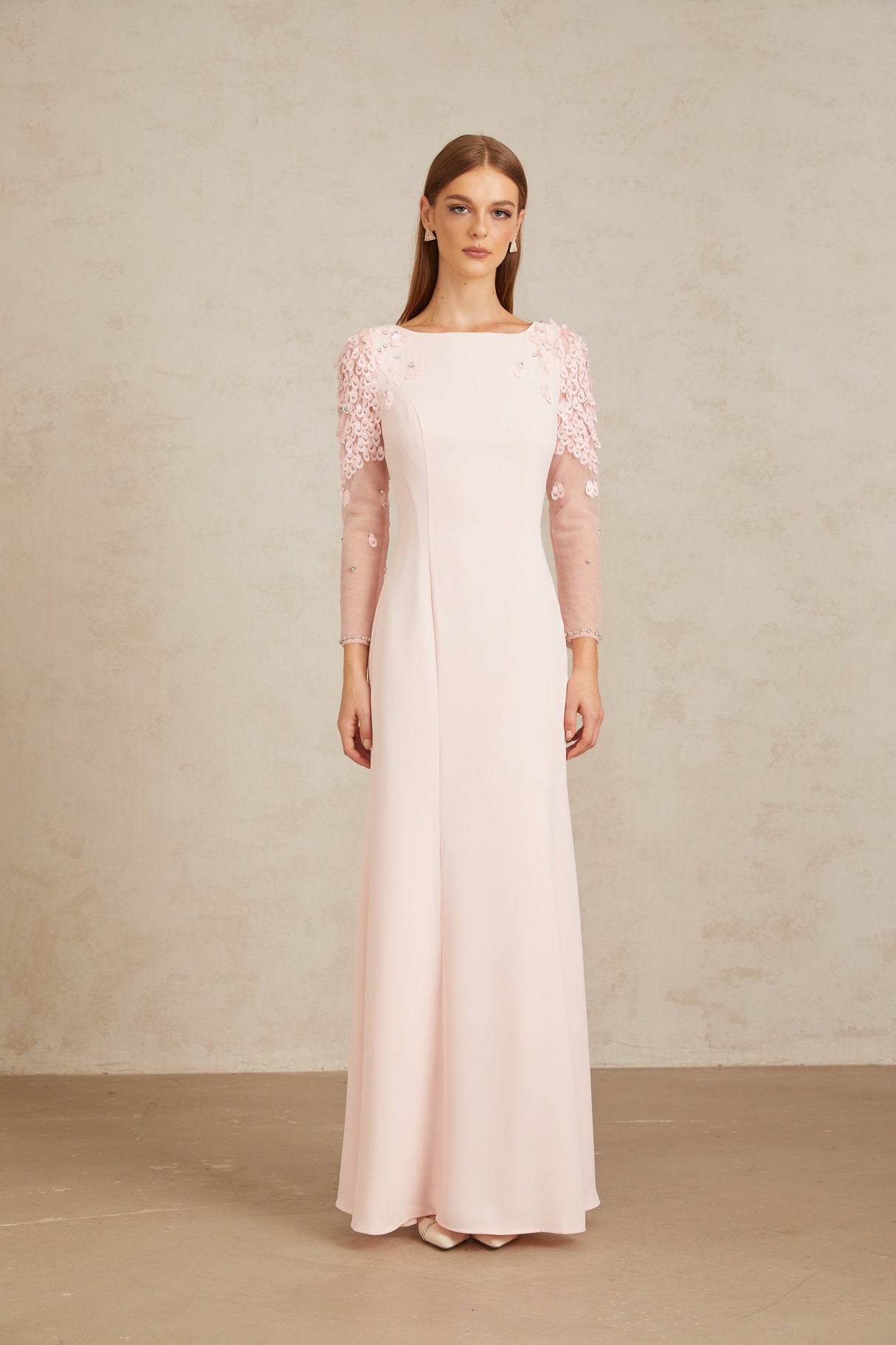 Aurohaya Gunnel Pink Flared Embellished Maxi Gown