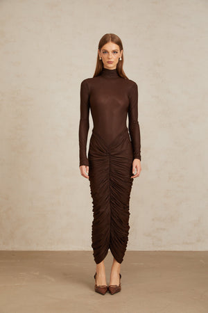 Aurohaya Charitina Brown Fitted Ruched Midi Dress