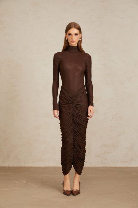 Aurohaya Charitina Brown Fitted Ruched Midi Dress